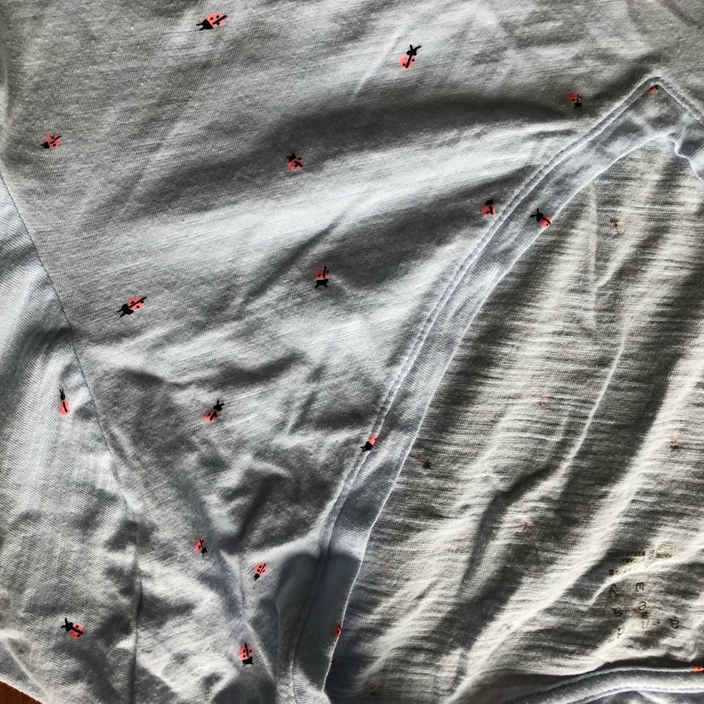 Pale blue with neon ladybug T shirt. Deep V